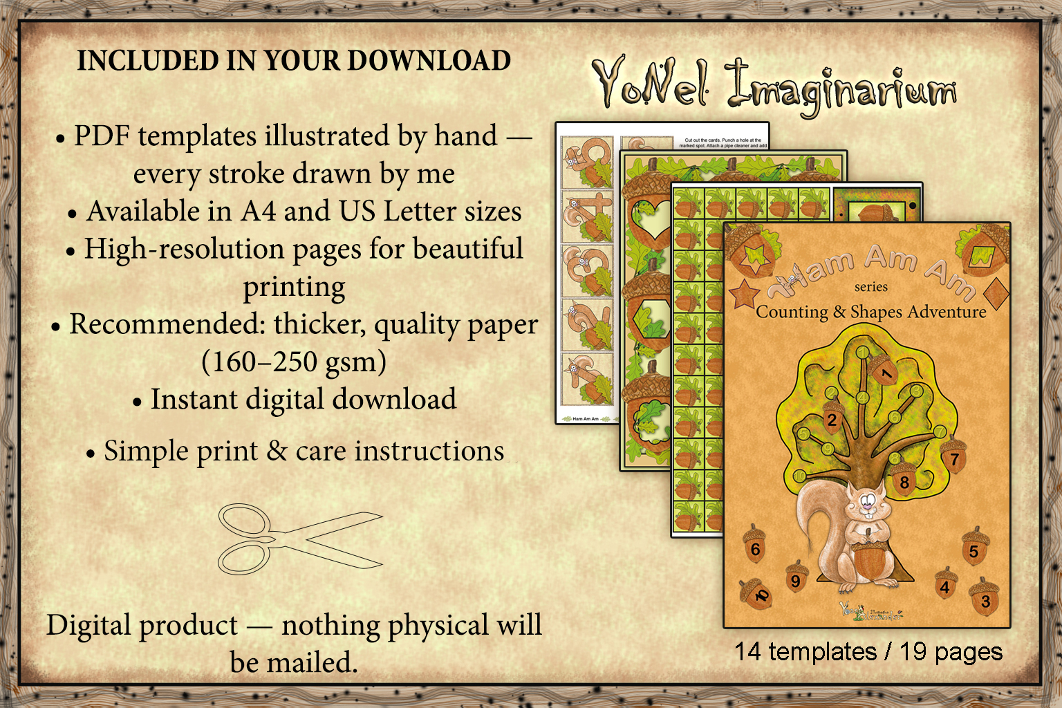 Overview of printable counting and shapes set with 14 templates and 19 pages from Ham’s forest world