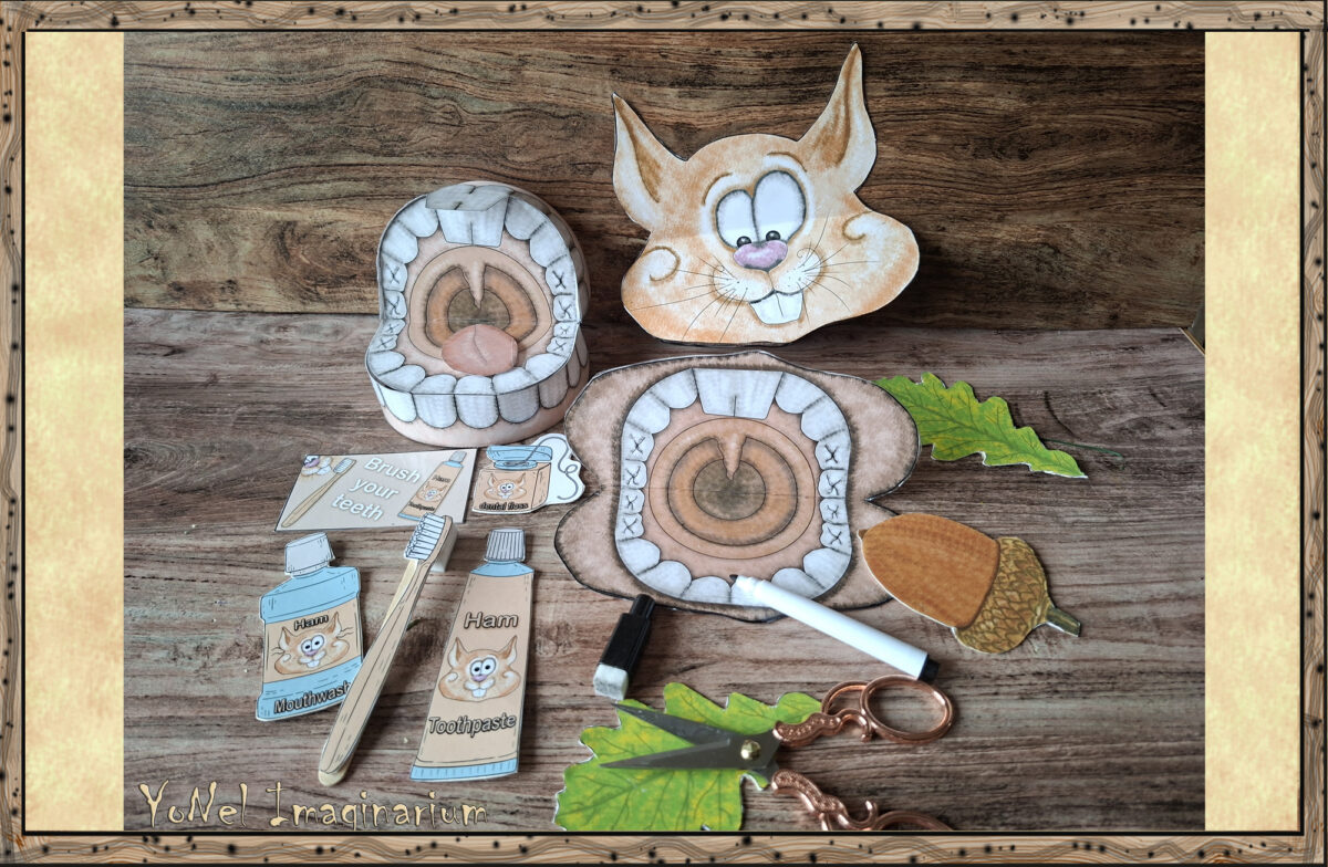 Printable brushing teeth pretend play activity for kids with Ham the squirrel