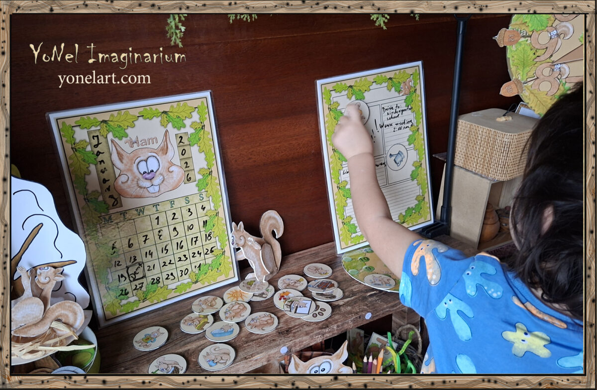 Child using a family routine printable in a natural home environment with visual time and activities