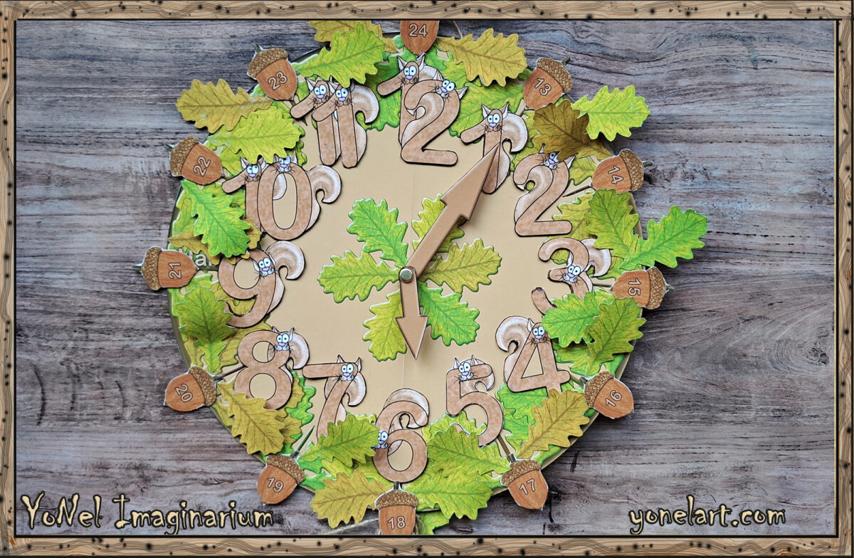 Handmade-style forest learning clock with movable hands and numbered elements for teaching time concepts