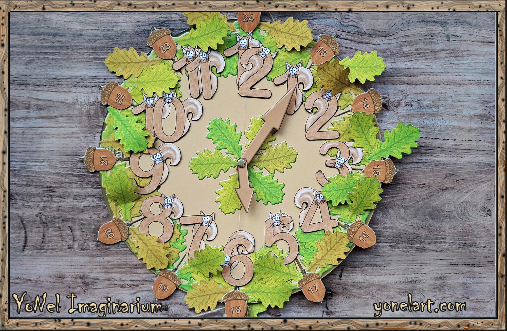 Handmade-style forest learning clock with movable hands and numbered elements for teaching time concepts