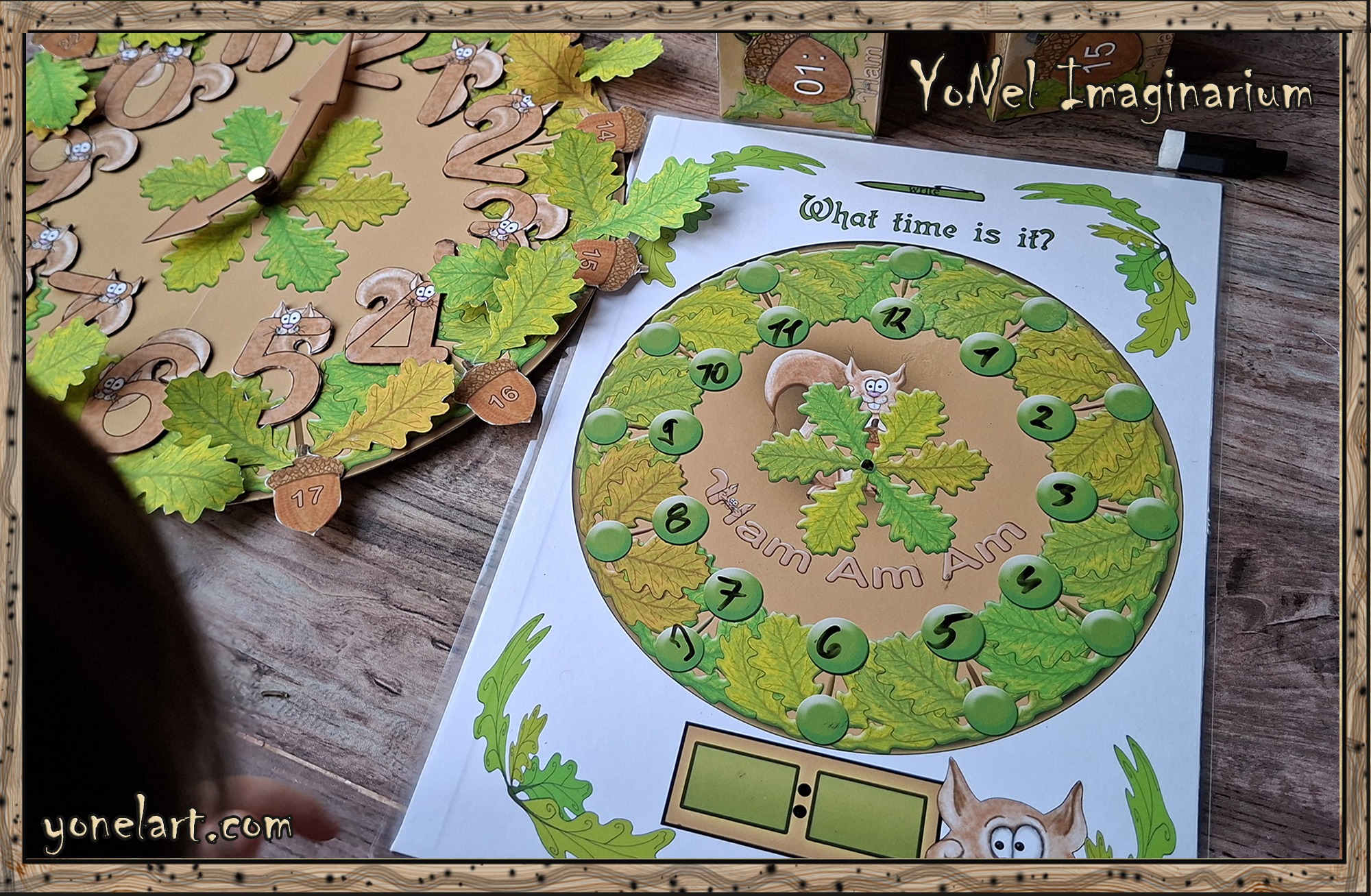 Printable learning clock set with activity board and time-matching cards from Ham’s forest learning world