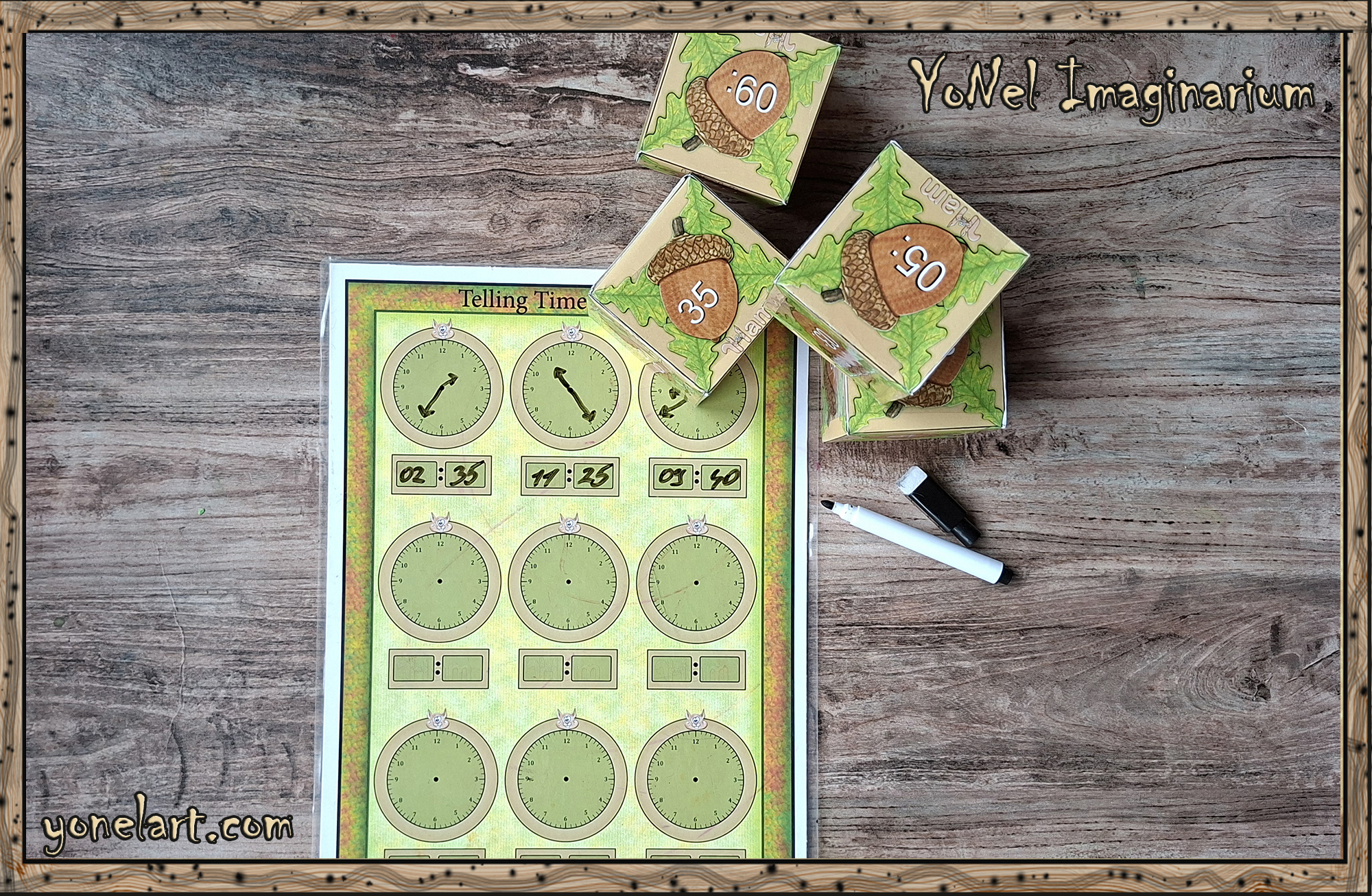 Printable telling time worksheet with clock faces, number dice, and dry erase marker from Ham’s forest learning set