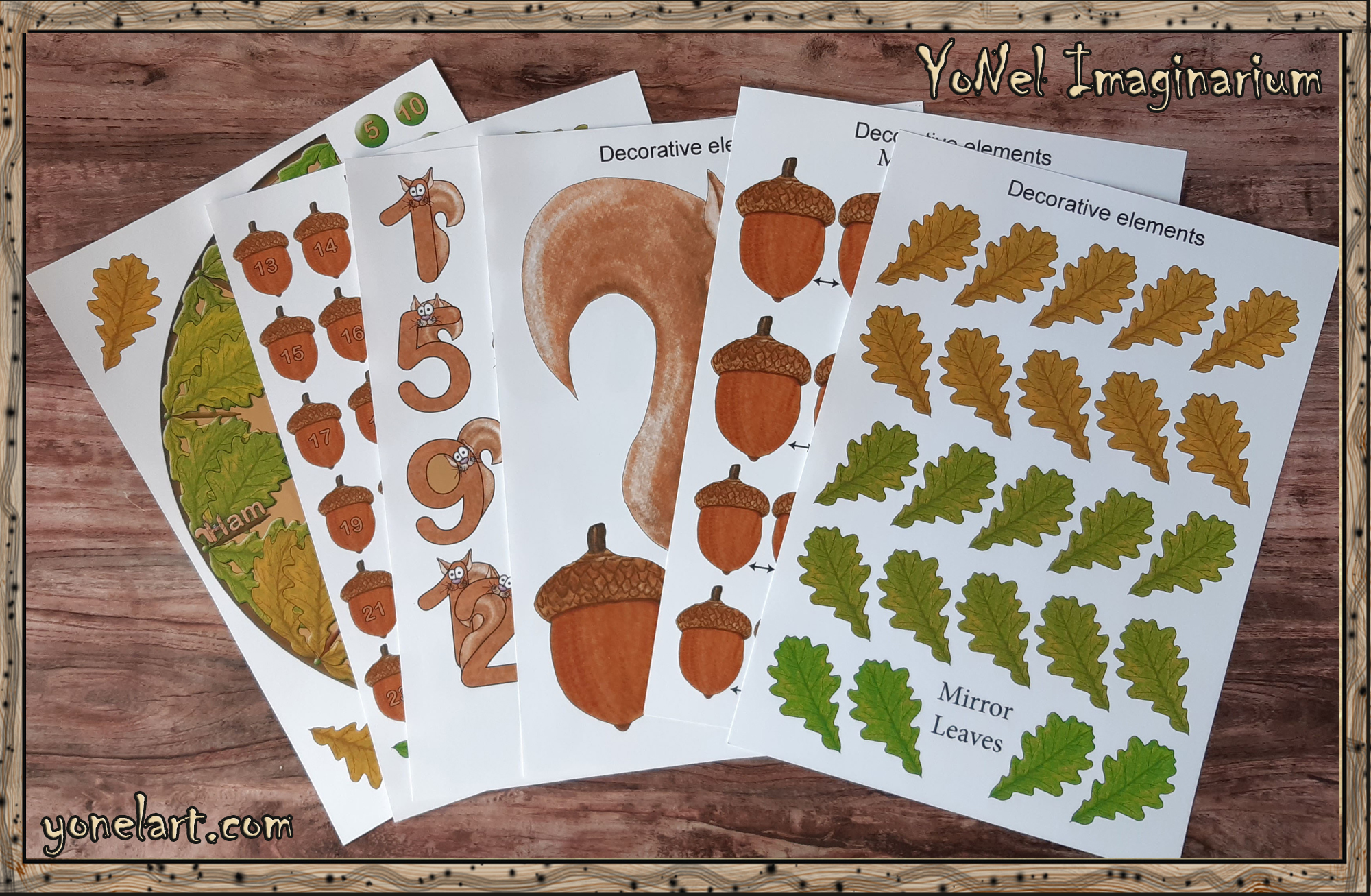 Printable clock parts, numbers, leaves, and decorative elements from Ham’s forest learning clock set