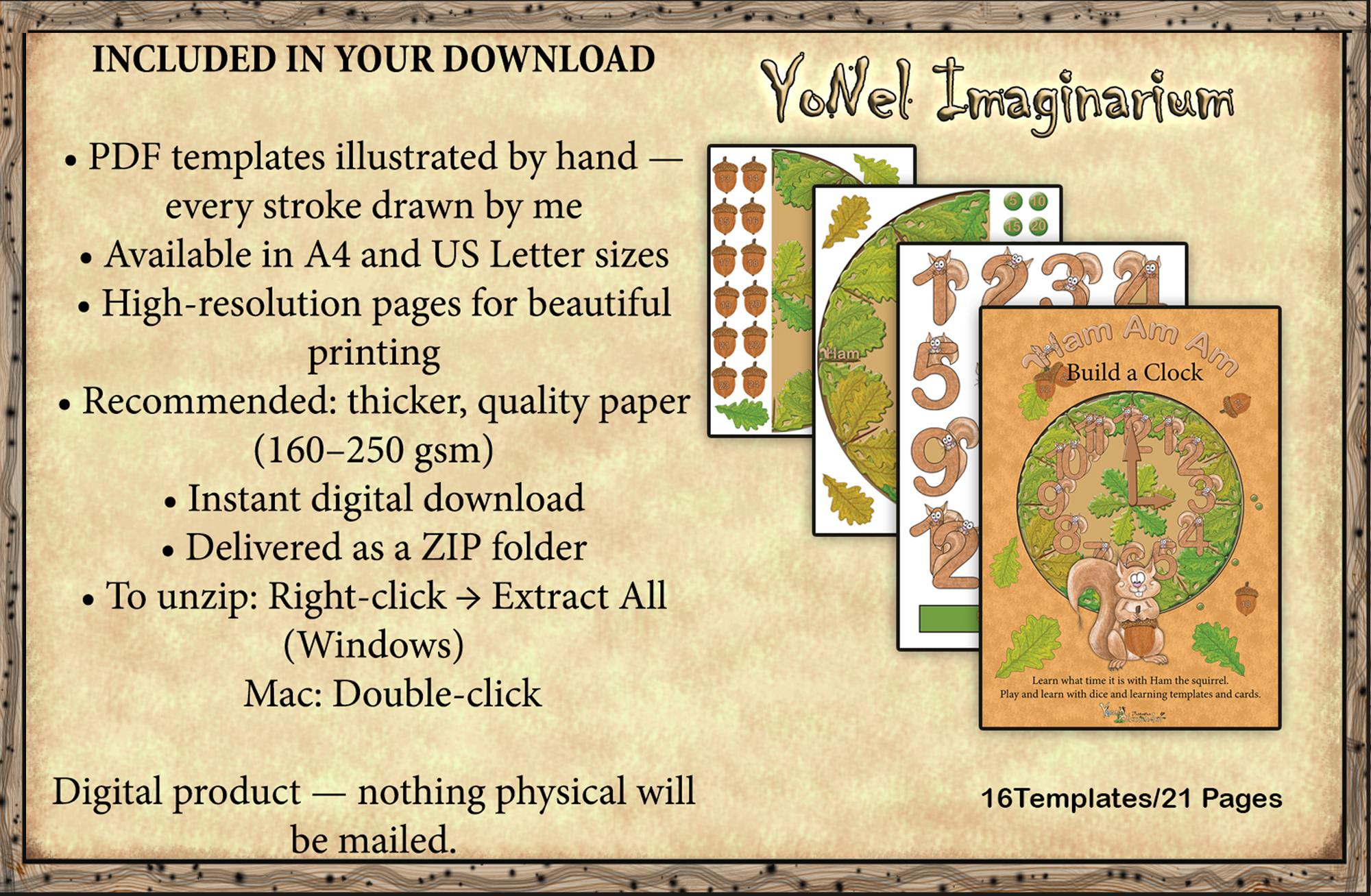 Overview of printable clock templates and learning pages included in Ham’s forest learning clock set