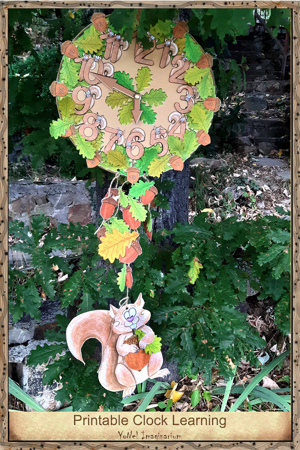 Printable forest learning clock hanging outdoors with Ham the squirrel, showing time through play and nature-based learning