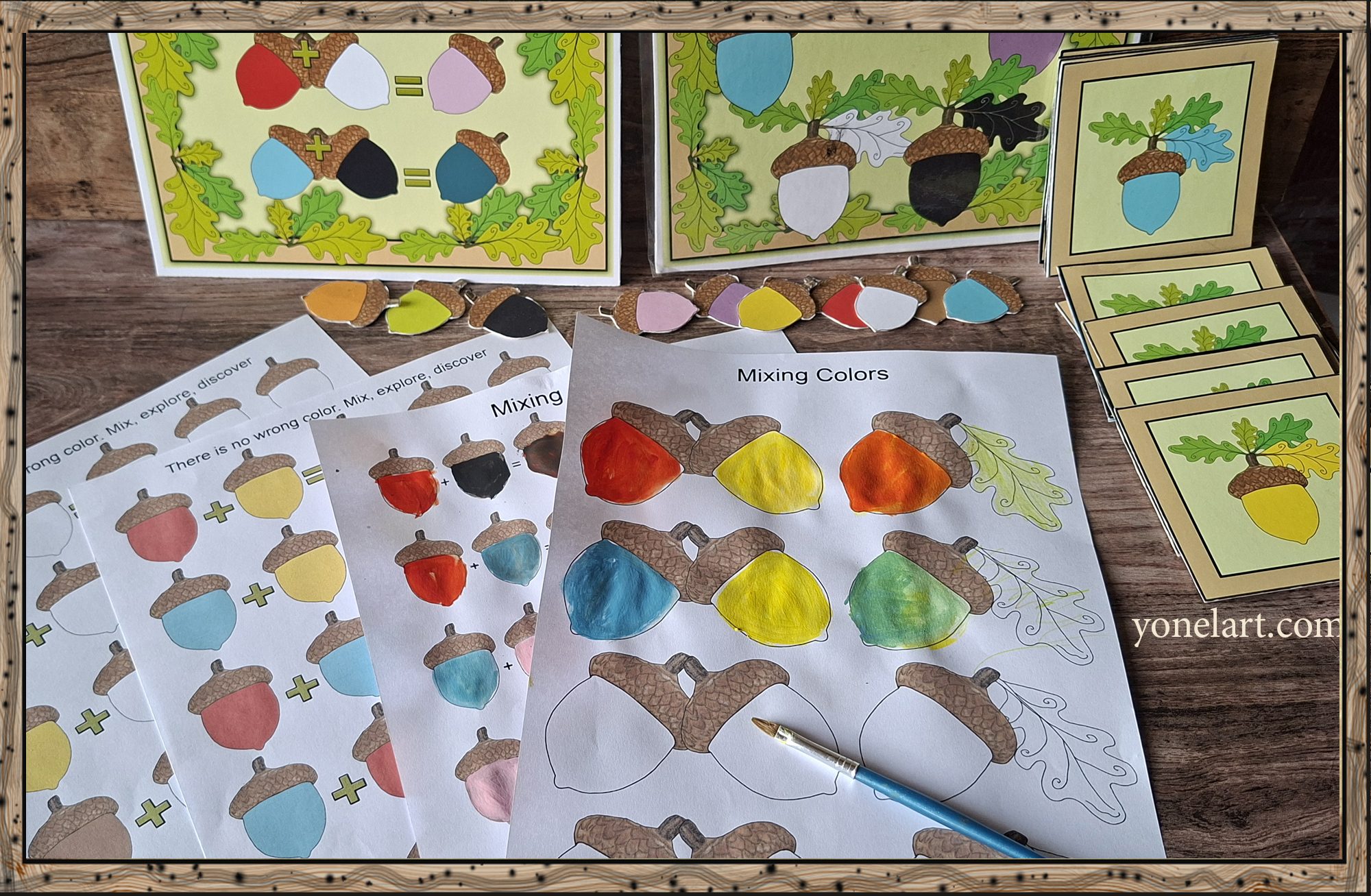 Printable color mixing worksheets with painted acorns, matching cards, and cut-out color pieces for hands-on learning