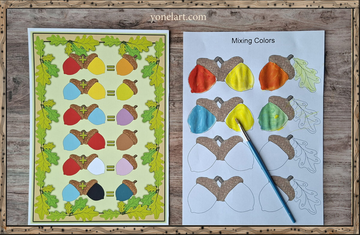 Printable color mixing set for kids with worksheets and painted acorns