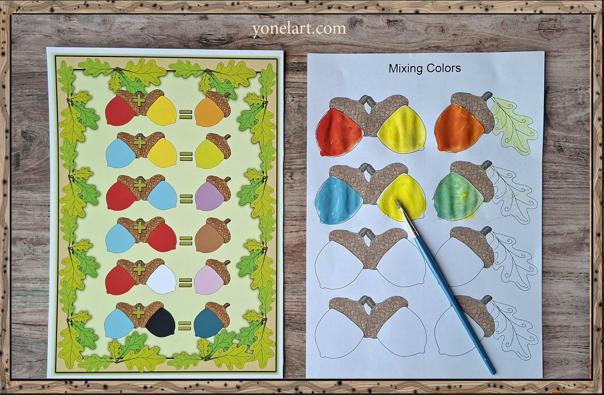 Printable color mixing set for kids with worksheets and painted acorns