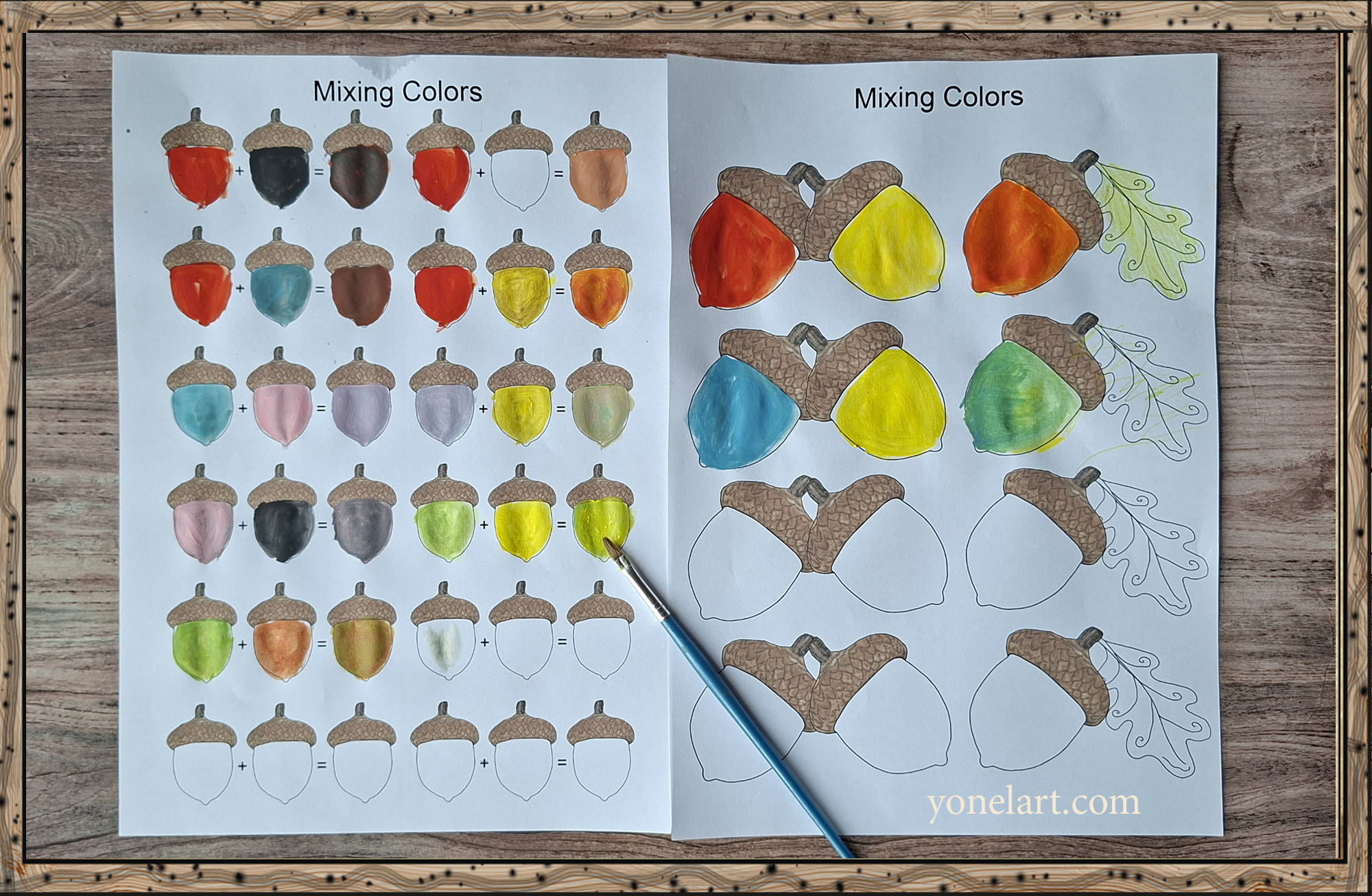 Printable color mixing set for kids with 2 worksheets and painted acorns examples