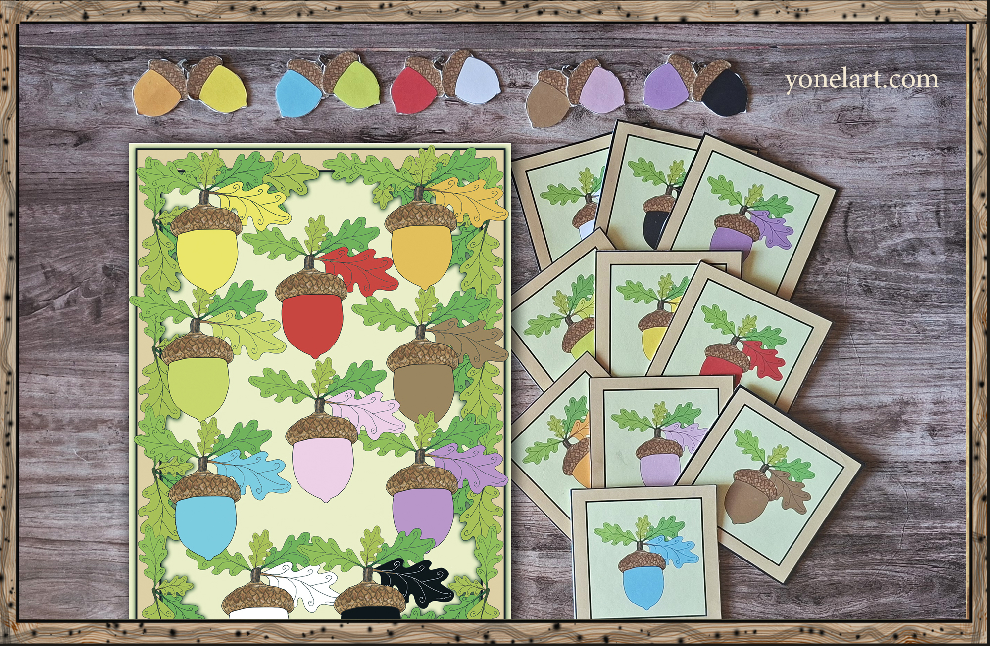 Printable color mixing cards and visual poster with acorn illustrations for hands-on color learning