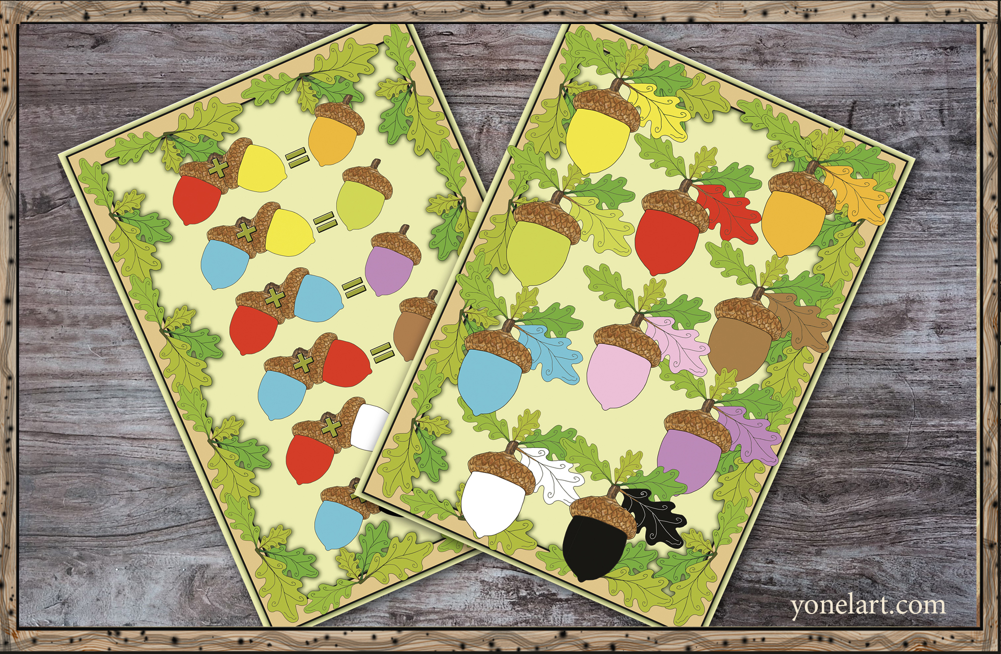 Printable color learning poster showing individual colors with visual acorn illustrations for kids