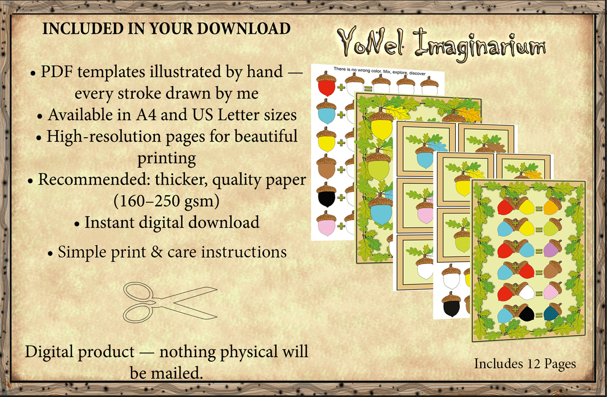 Overview image showing what is included in the color mixing printable set with posters, cards, and worksheets