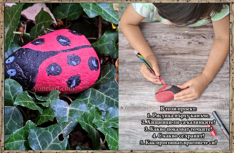 Дете оцветява камъче калинка и готова калинка върху бръшлян / Kid painting a ladybug rock craft and finished project on ivy leaves