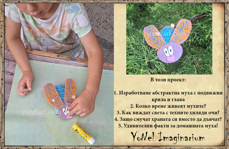 Дете прави муха от картон с подвижни крила и завършен арт проект / Child making a DIY cardboard fly craft with moving wings and finished project